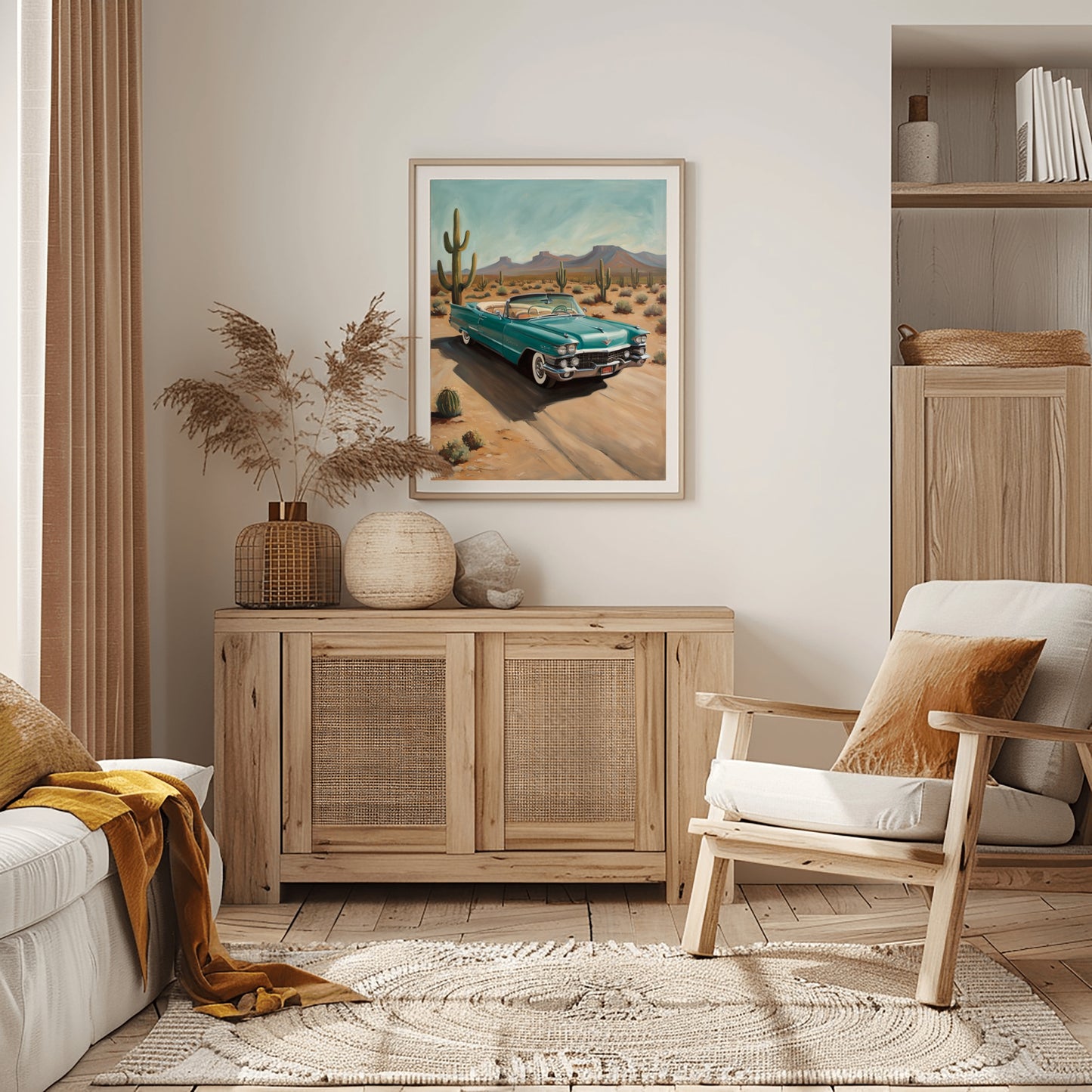 Desert highway wall art by AquilVision featuring a vintage car on a desert road in a cozy living room