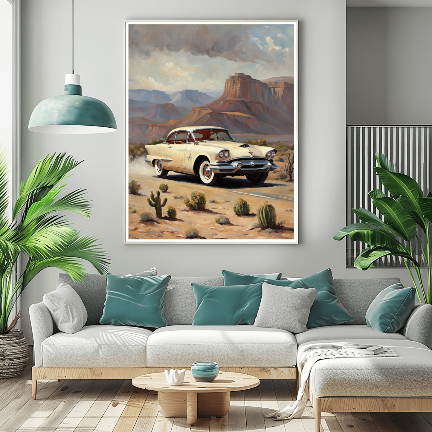 Desert highway wall art featuring a vintage car on a desert road with mountains in the background