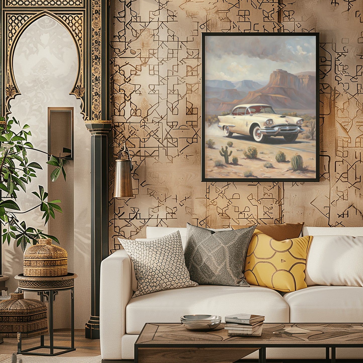 AquilVision desert highway wall art featuring a vintage car on a desert road above a modern white sofa with decorative pillows