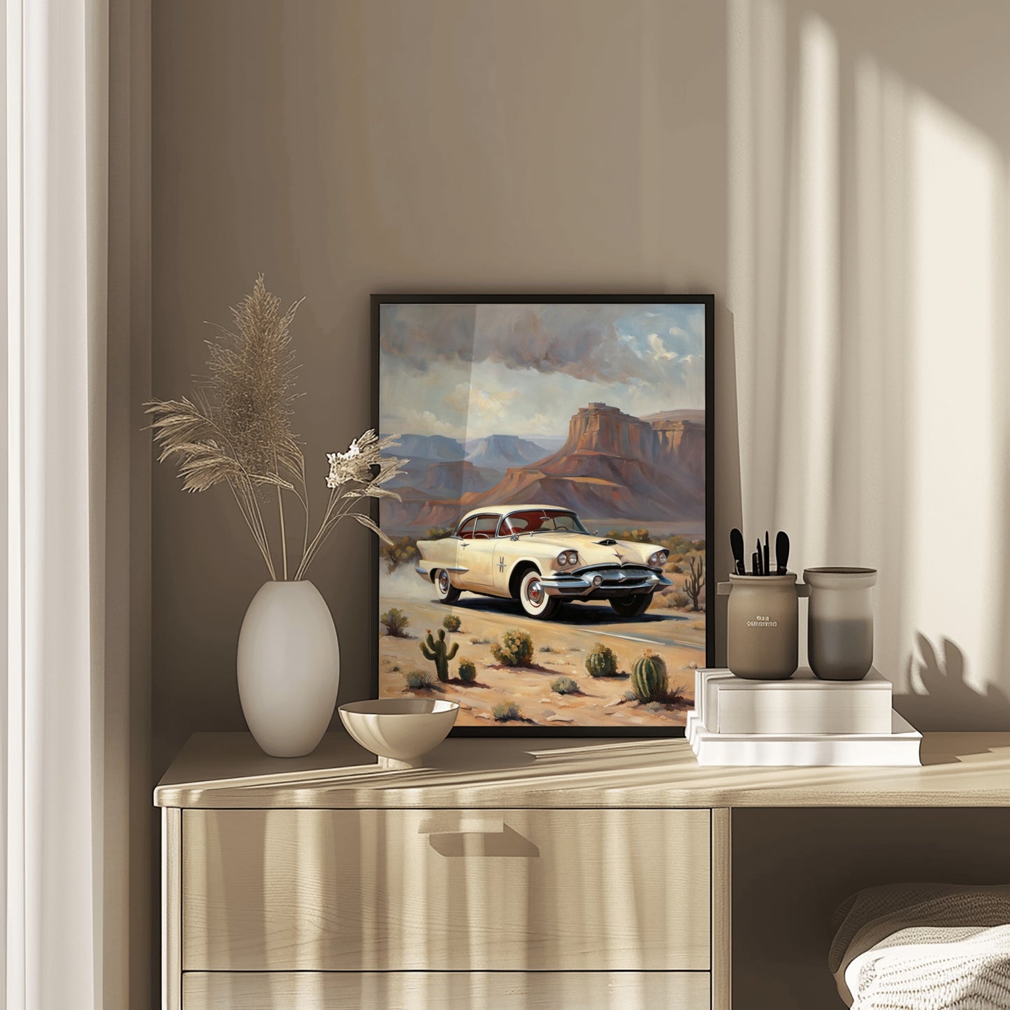 Desert highway wall art digital print by AquilVision featuring a vintage car in a desert landscape