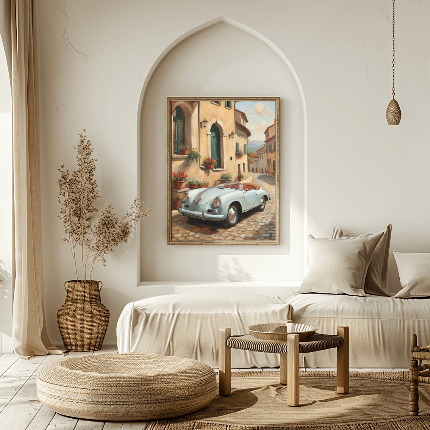 Italian village car painting by AquilVision displayed in a cozy modern living room with neutral decor