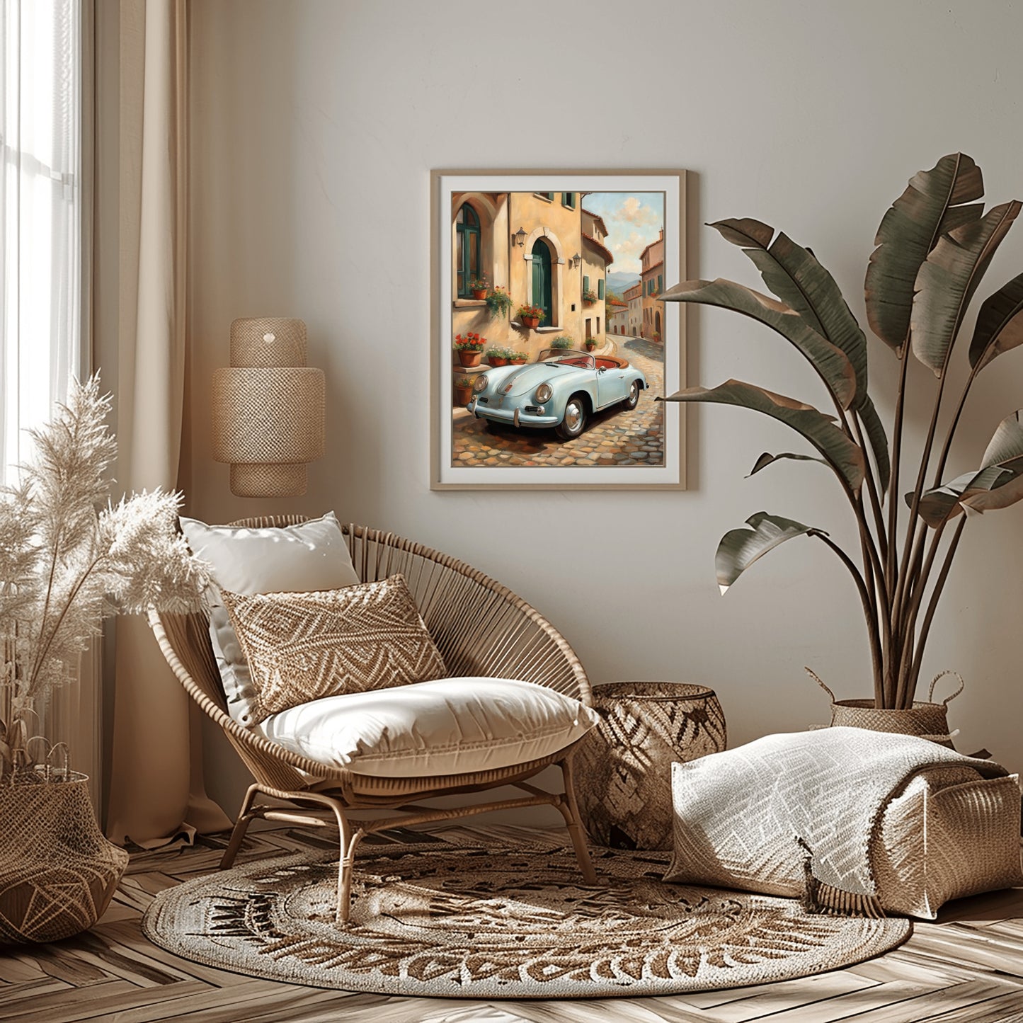 Framed Italian village car painting digital print by AquilVision displayed in cozy boho living room