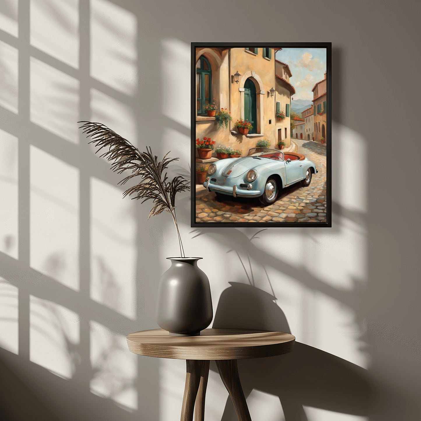 Framed Italian village car painting by AquilVision featuring a vintage car on cobblestone street