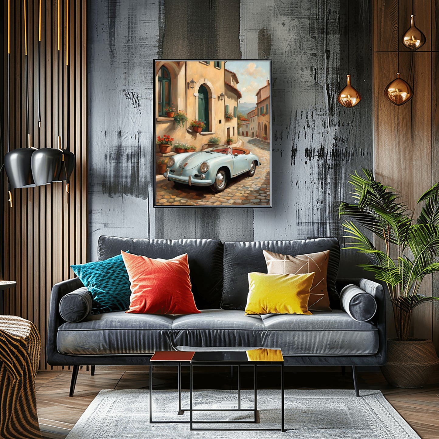 Italian village car painting digital artwork by AquilVision displayed above living room couch