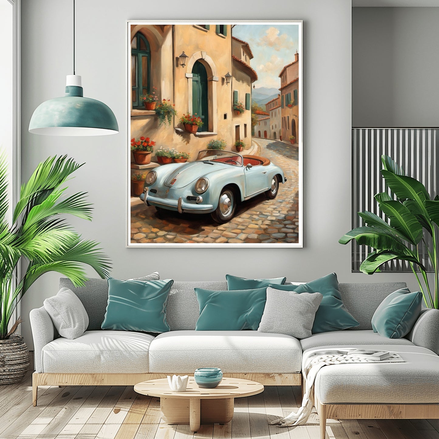 Italian village car painting by AquilVision featuring a vintage car on a cobblestone street with colorful buildings