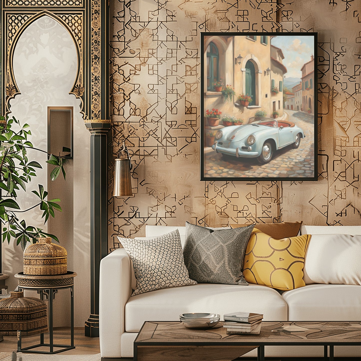 Italian village car painting displayed in modern living room with white sofa and decorative pillows