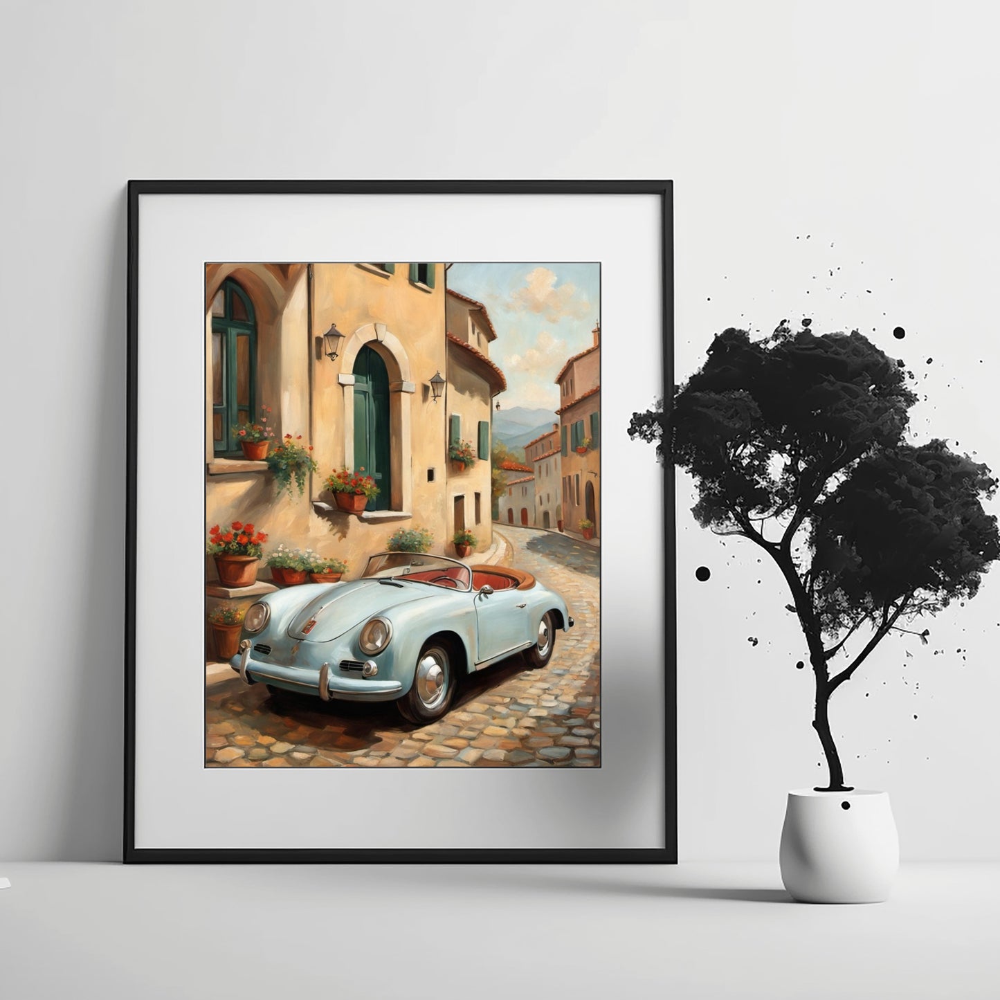 Framed digital Italian village car painting by AquilVision showing a vintage blue car on a cobblestone street