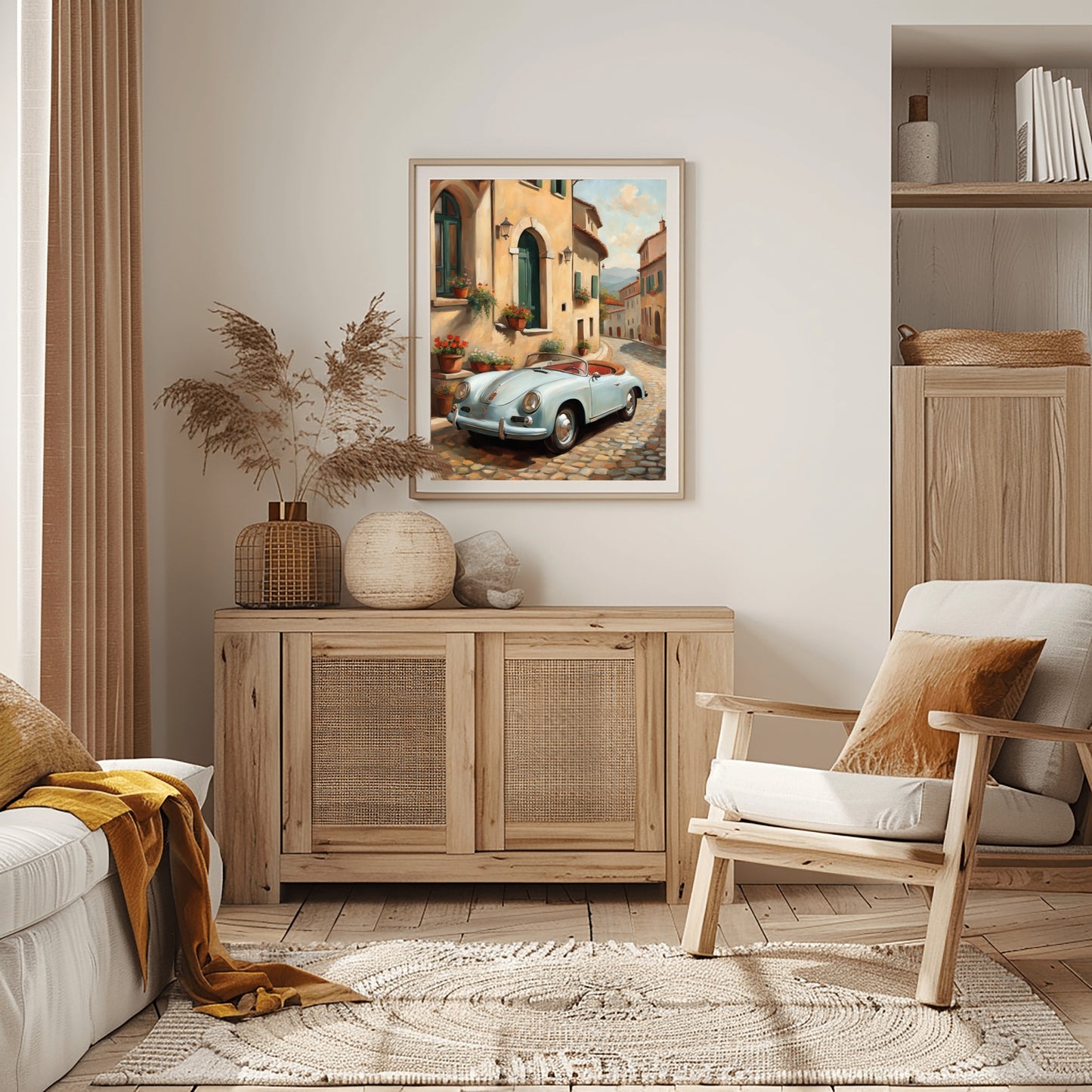 Italian village car painting by AquilVision displayed in a cozy living room with wooden furniture and neutral decor