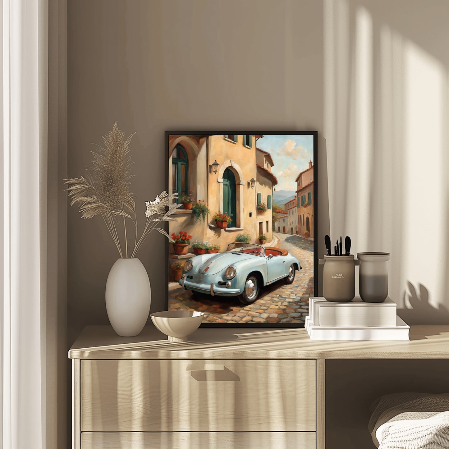 Italian village car painting digital artwork by AquilVision displayed on a dresser in a sunlit room