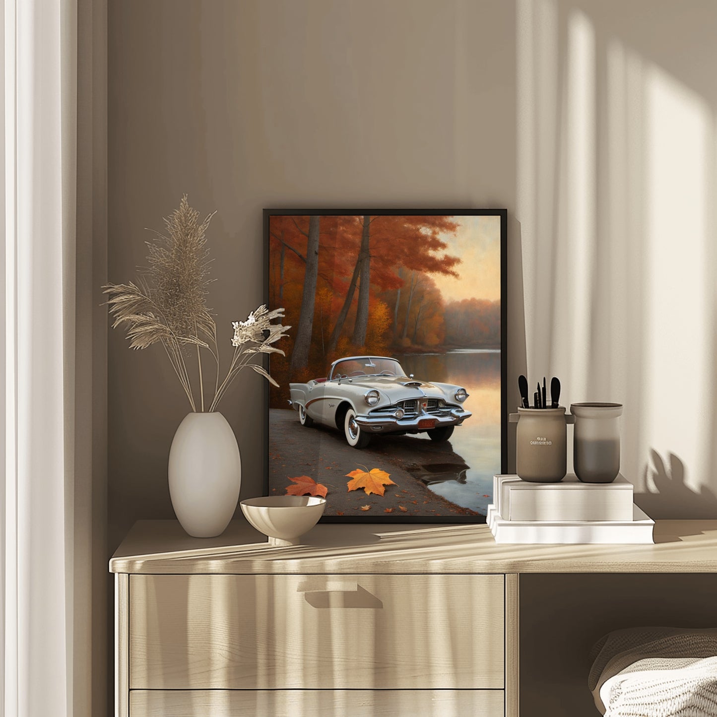 Vintage car lake print digital artwork by AquilVision displayed on a wooden dresser with autumn decor