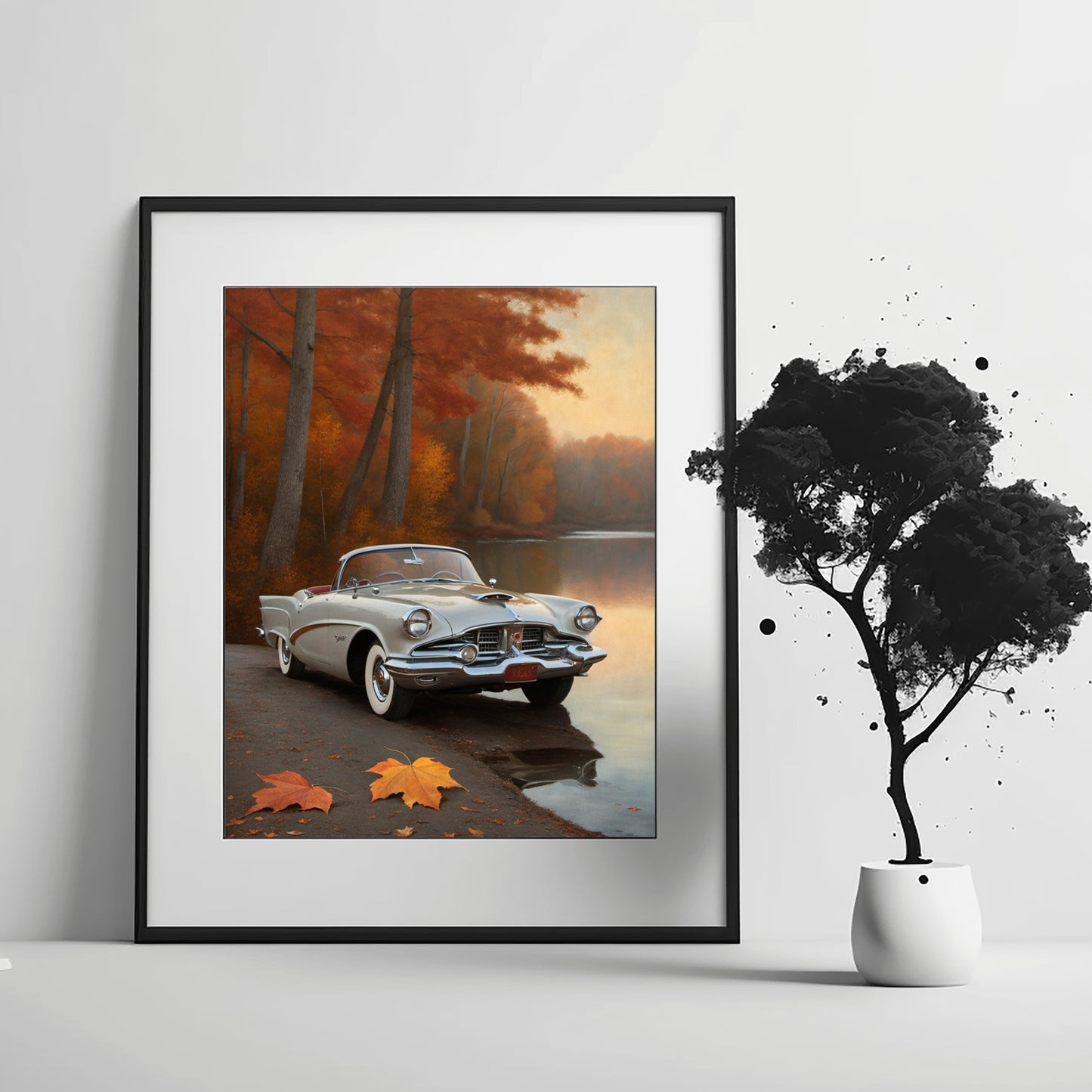 AquilVision vintage car lake print featuring a classic white car by a calm lake with autumn trees in the background