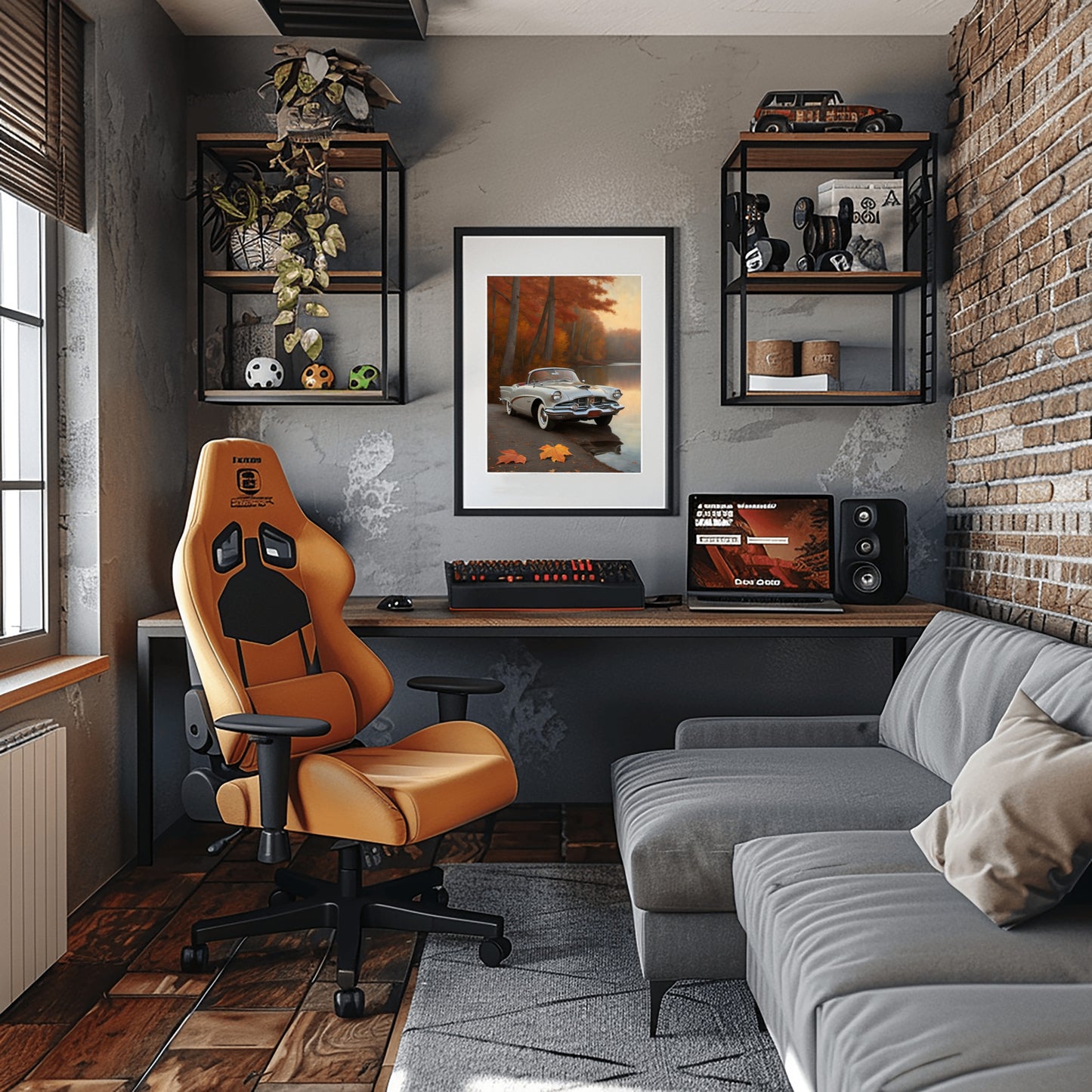 Vintage car lake print framed on wall above desk in modern home office with gaming chair