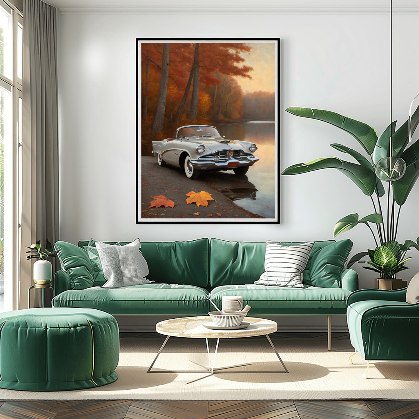 Vintage car lake print wall art in modern living room with green sofa and plants