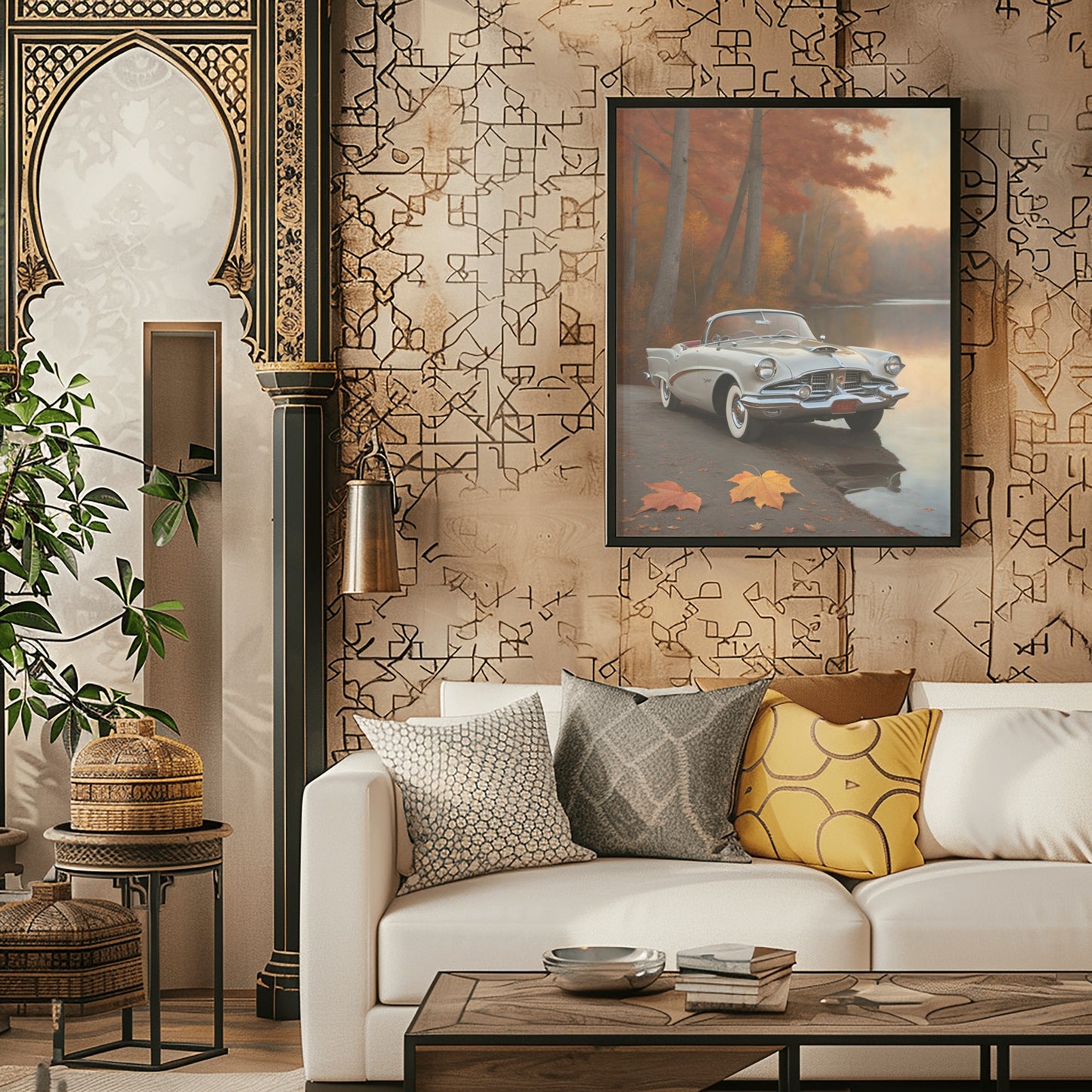 Vintage car lake print wall art by AquilVision hanging above white sofa with decorative pillows