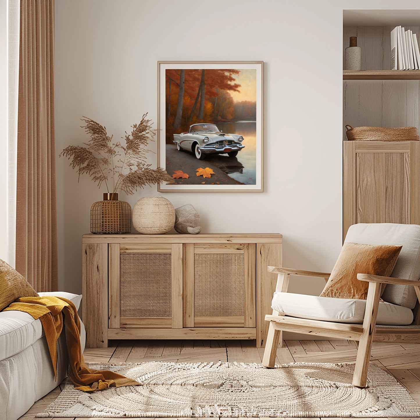 AquilVision vintage car lake print framed on wall above wooden cabinet in cozy living room