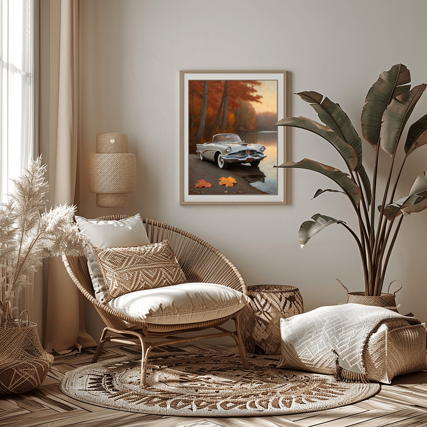 Vintage car lake print on wall in cozy modern living room with natural light and wicker furniture