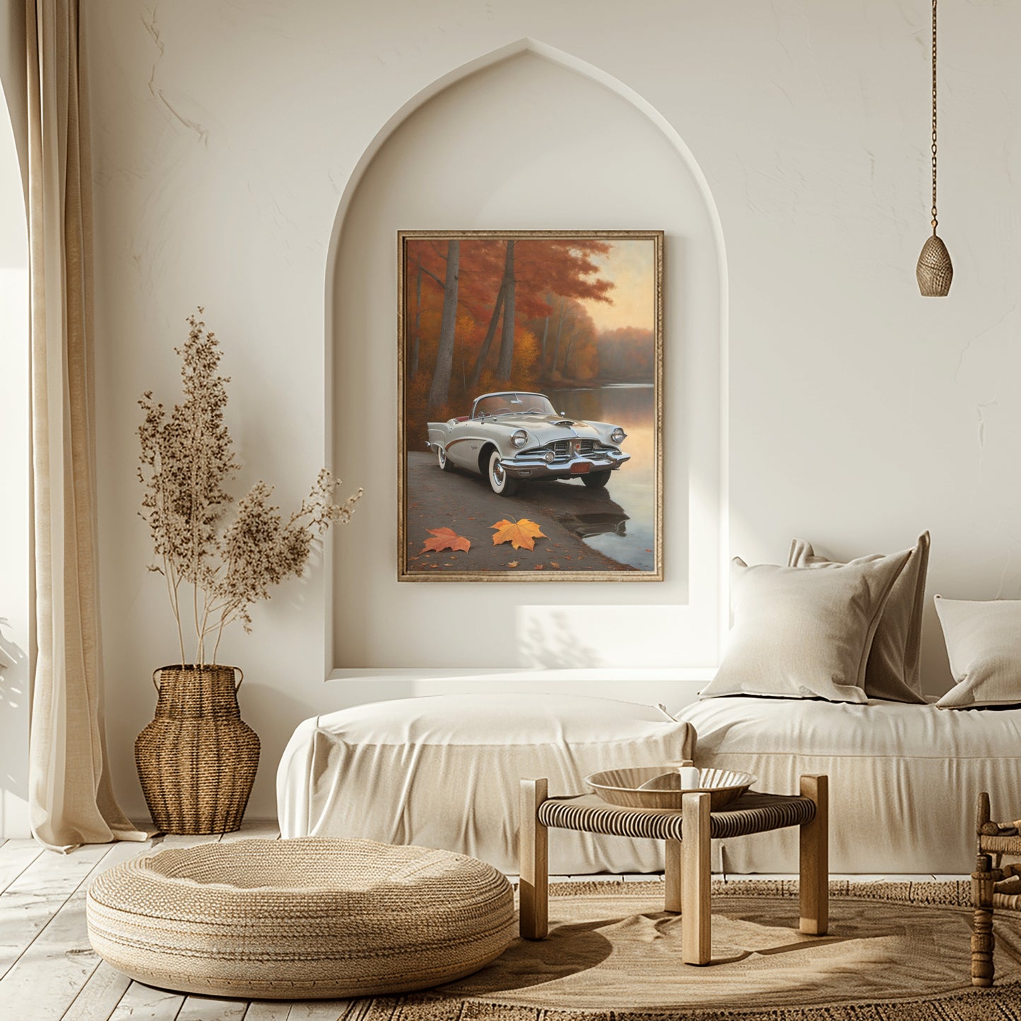 Vintage car lake print framed on wall above white sofa in cozy living room with natural decor