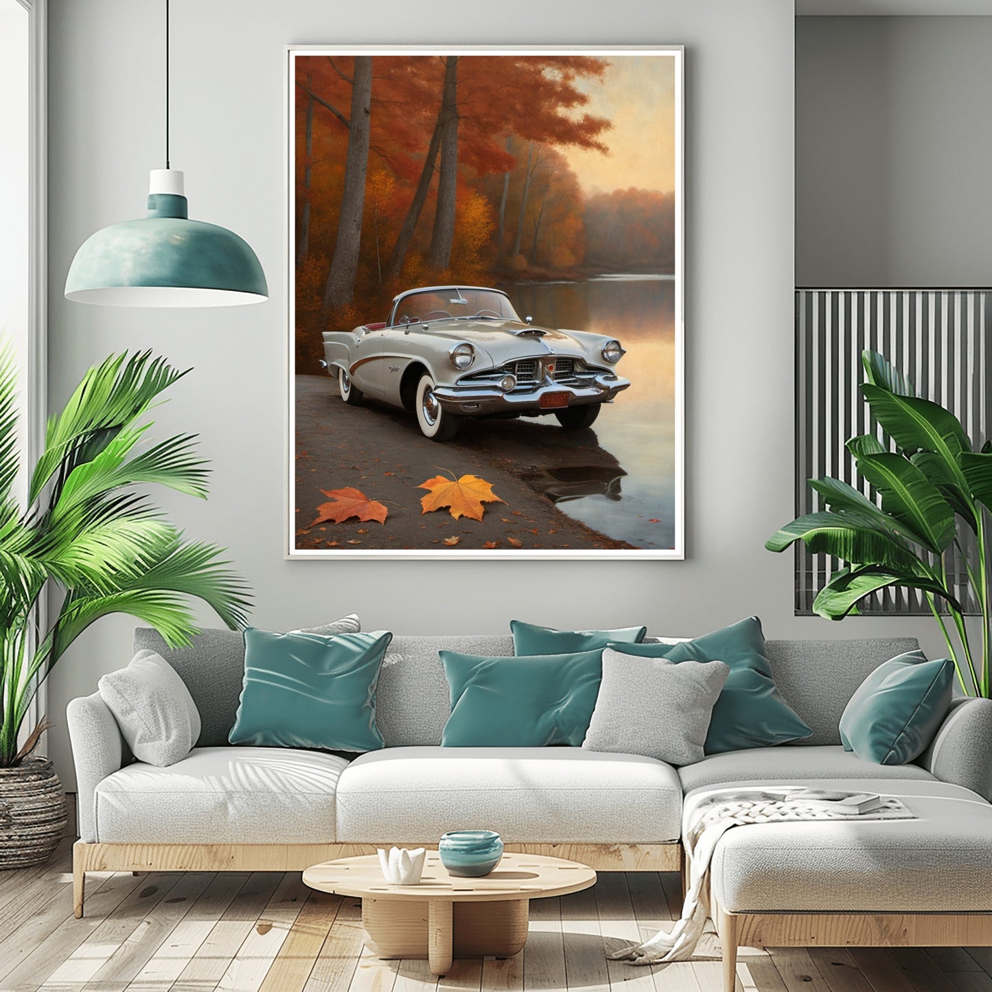 AquilVision vintage car lake print featuring a classic car by a calm lake with autumn trees in the background