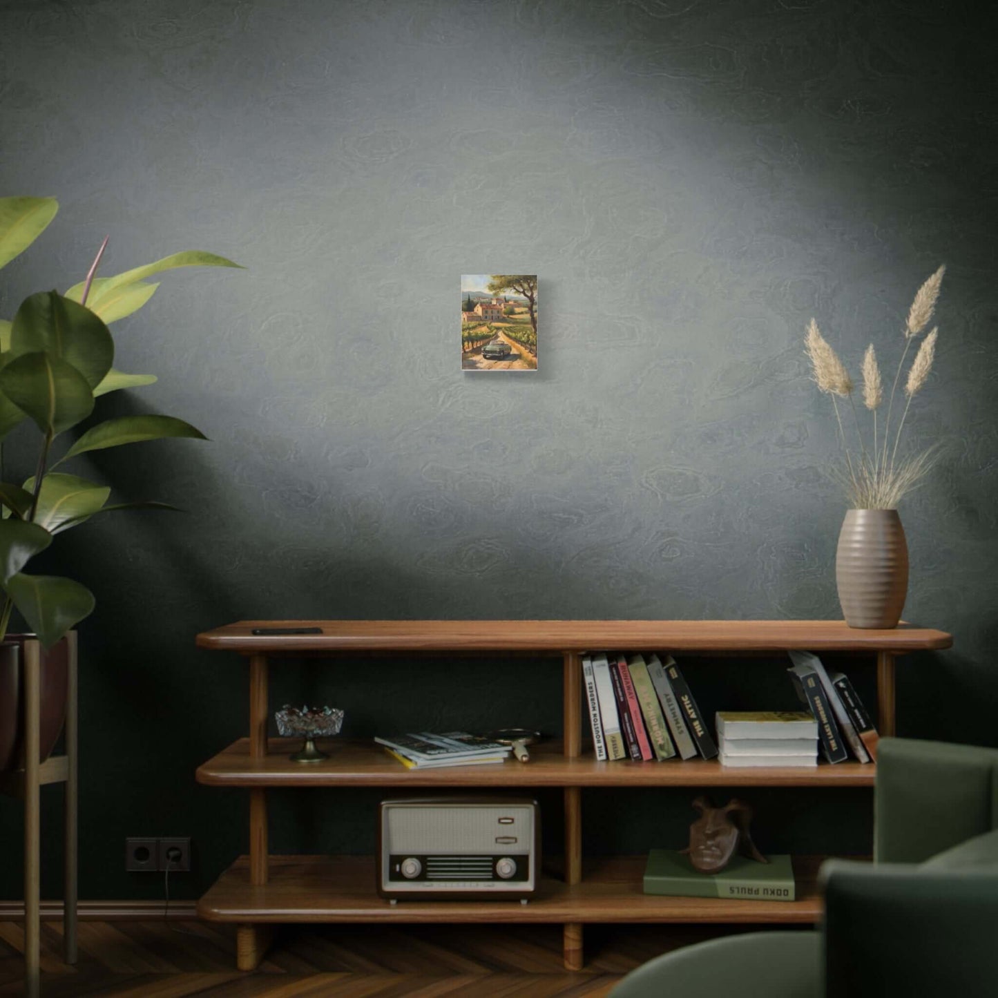 Vintage car landscape canvas art displayed on a modern wooden shelf in a stylish interior setting