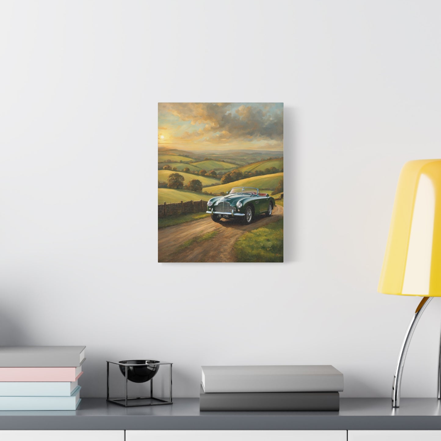 Vintage Car Landscape Canvas depicting a classic car on a scenic dirt road with hills in the background
