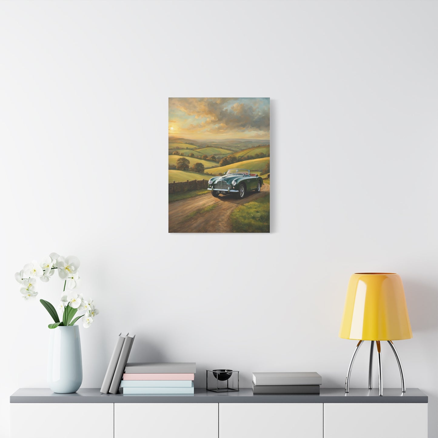 Vintage Car Landscape Canvas depicting a classic car on a scenic countryside road