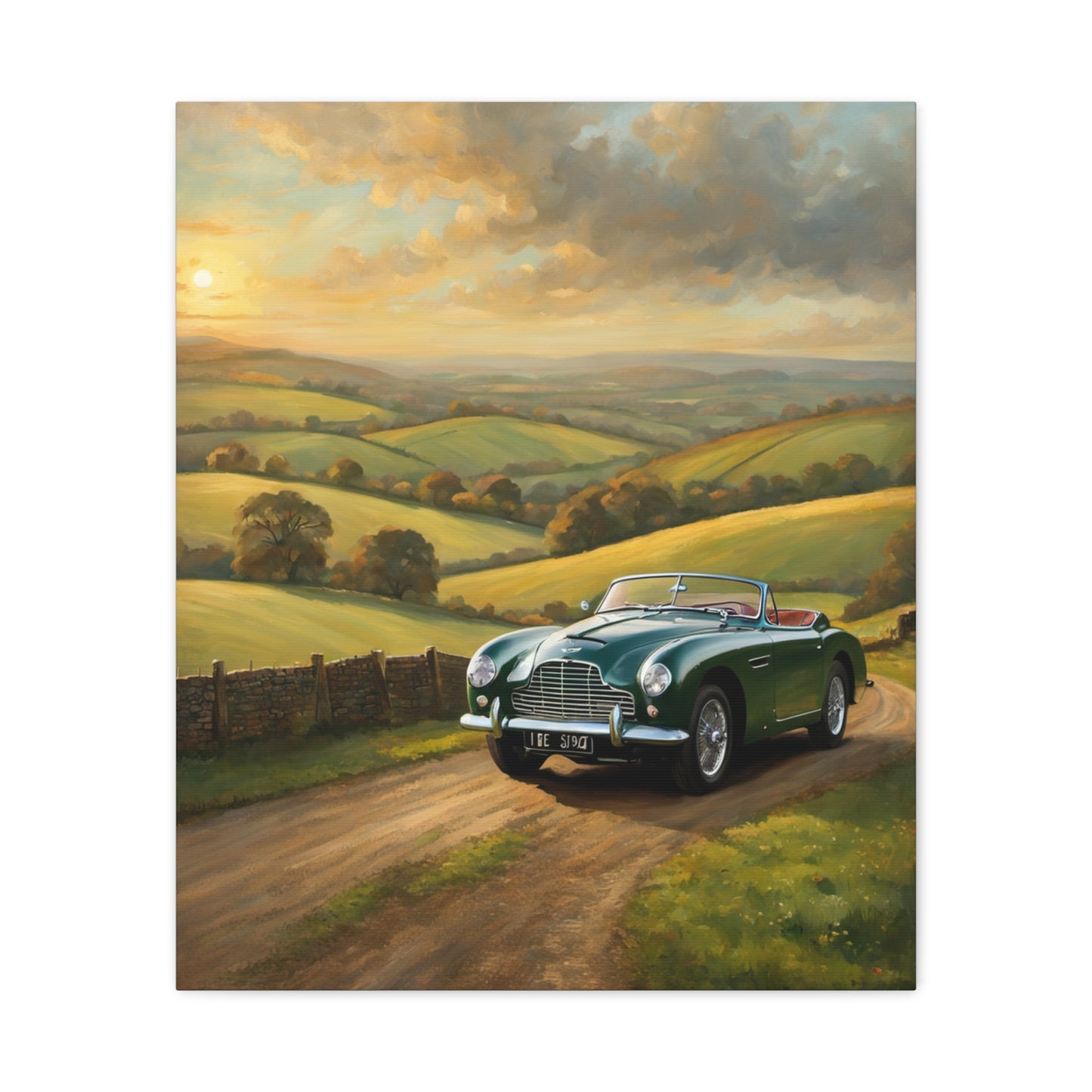 Vintage Car Landscape Canvas depicting a classic green car on a scenic countryside road at sunset