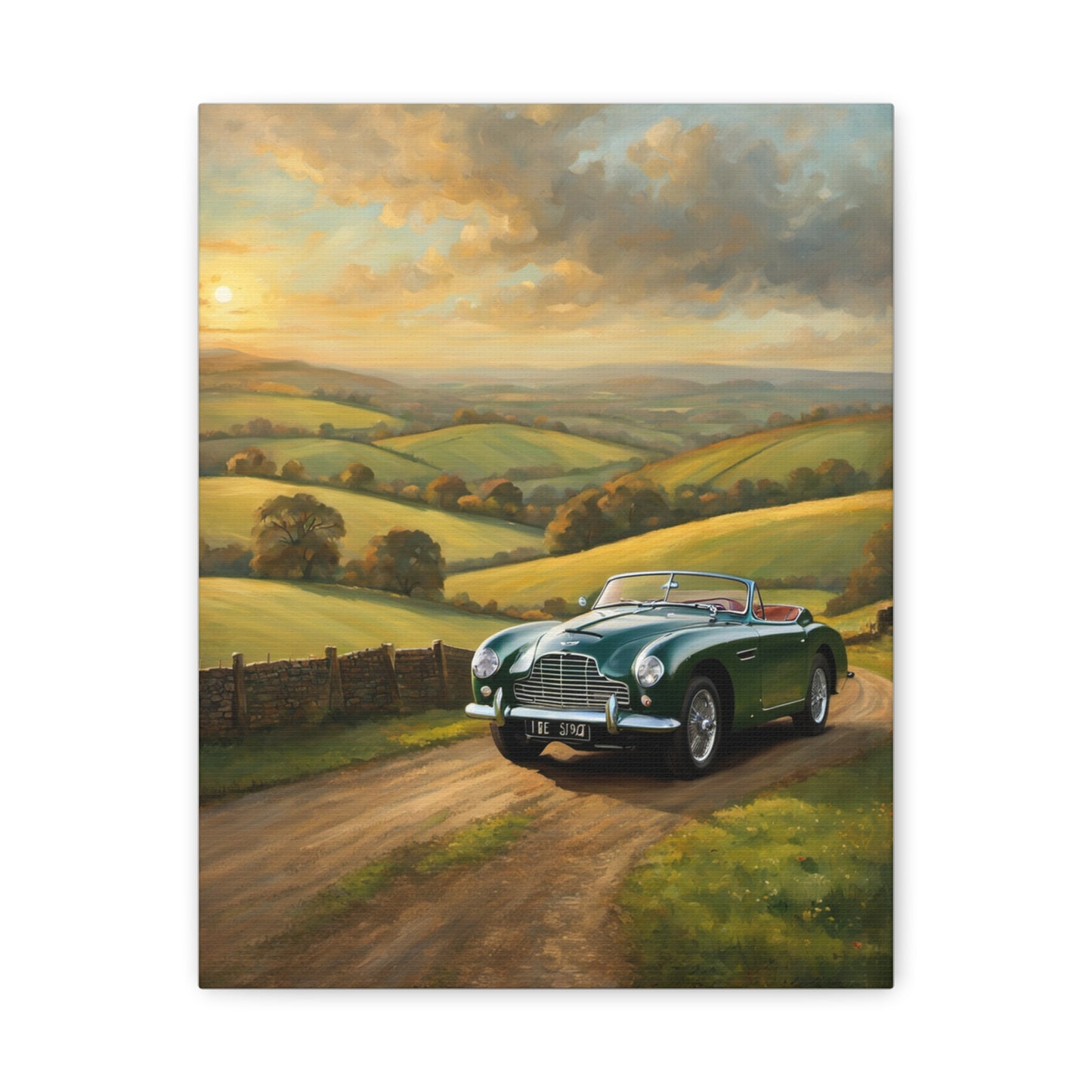 Vintage Car Landscape Canvas featuring a nostalgic green car on a scenic countryside road