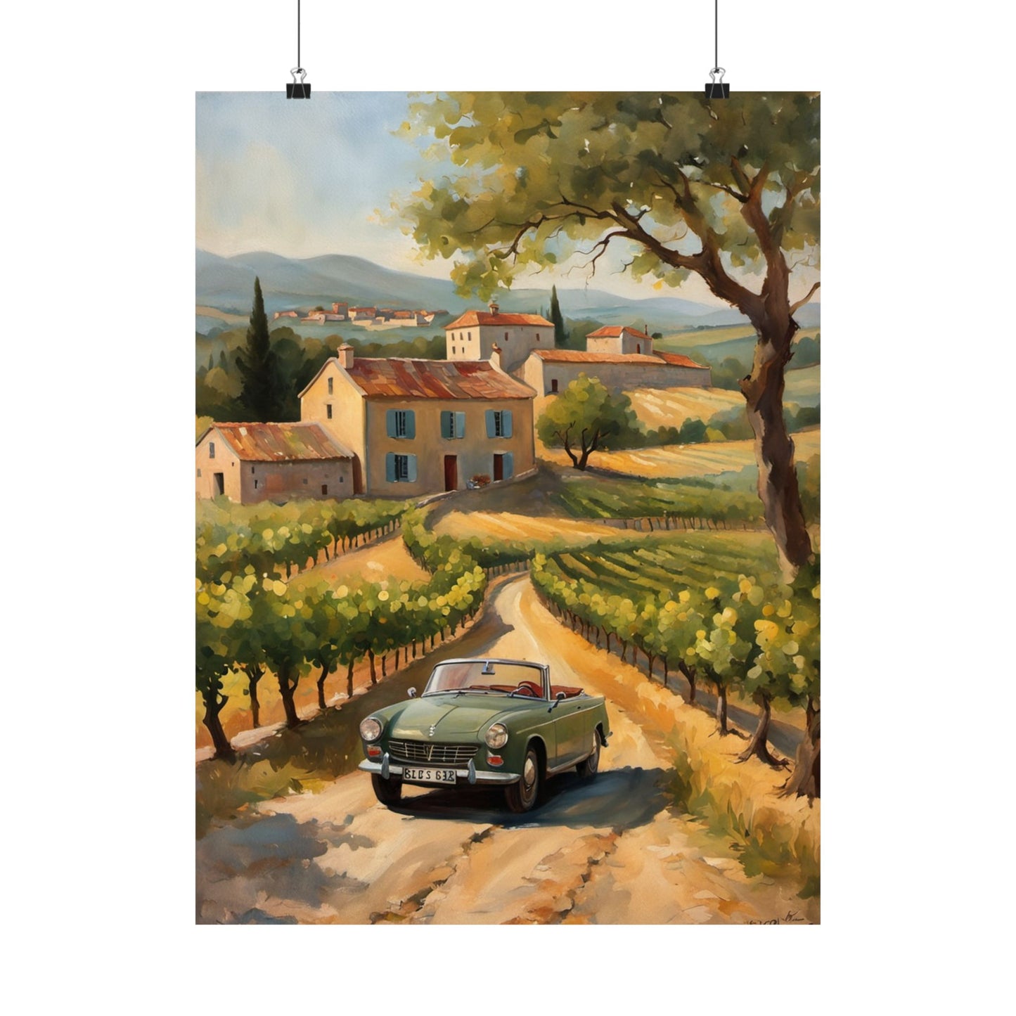 Vintage Car Landscape Poster featuring a classic green car on a scenic vineyard road