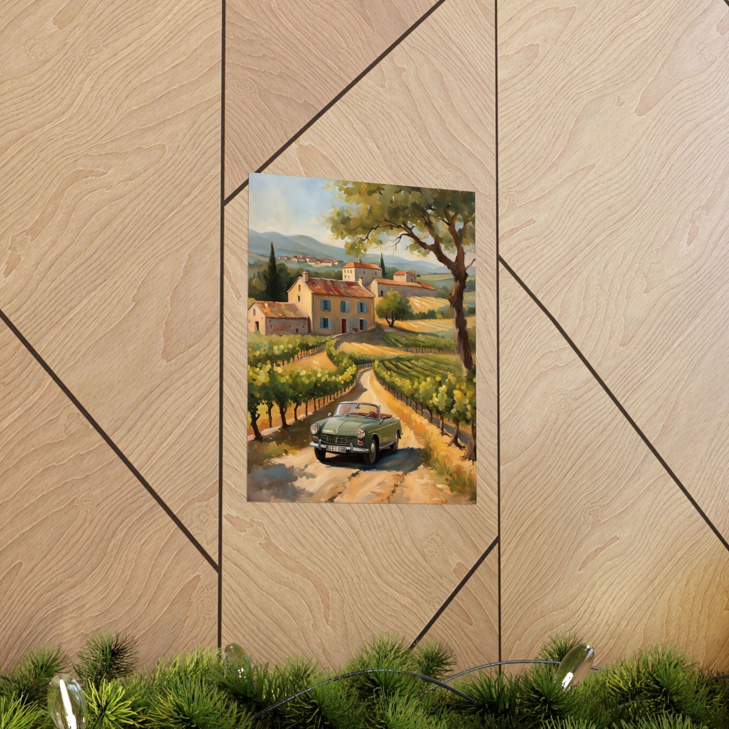 Vintage Car Landscape Poster depicting a classic car in a scenic vineyard setting