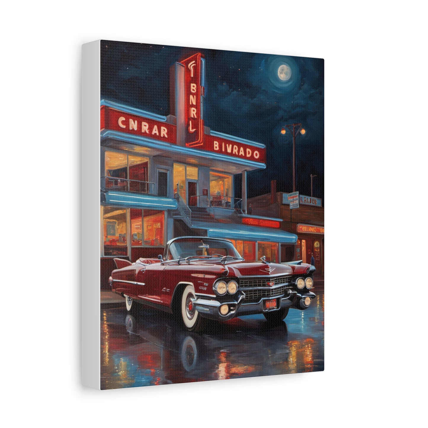 Vintage Car Matte Canvas Art featuring a classic red car in a retro city scene at night