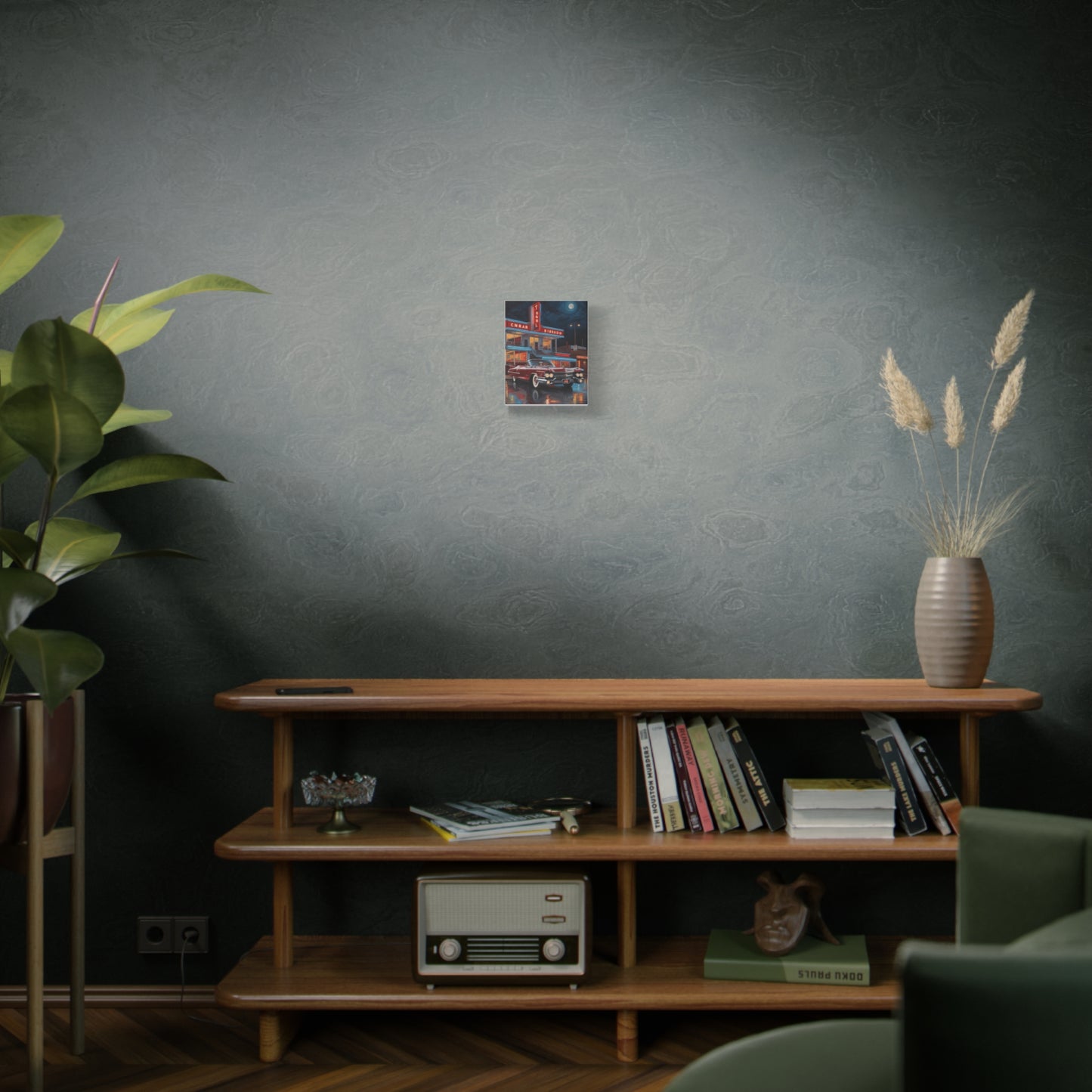 Vintage Car Matte Canvas Art displayed on a shelf with plants and decor in a modern living room