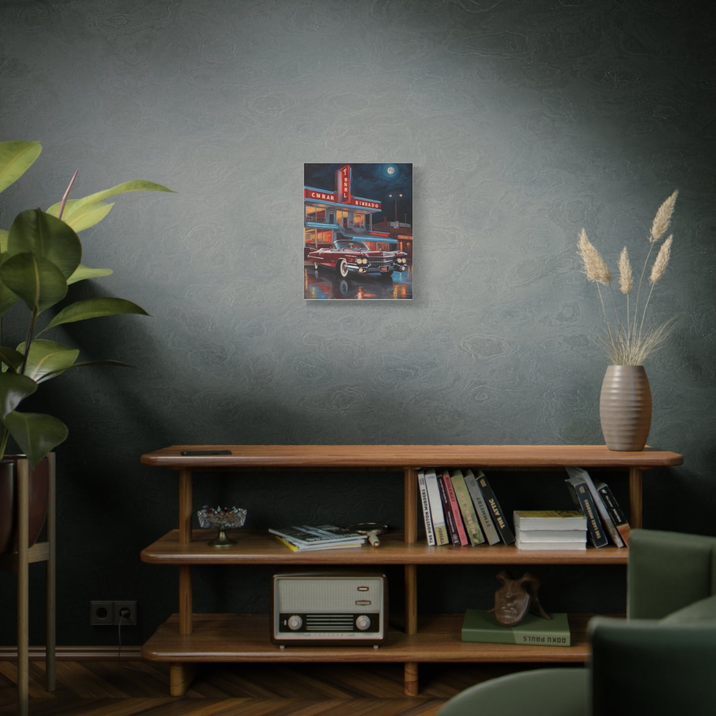 Vintage Car Matte Canvas Art displayed on a shelf in a chic living room with plants and decor