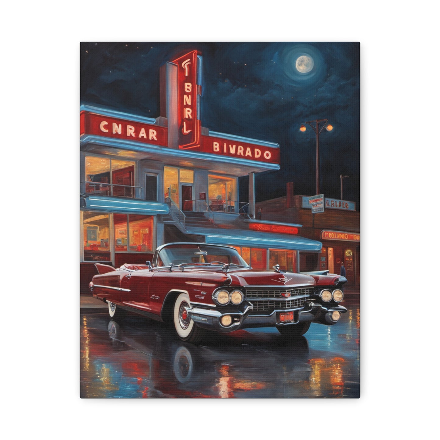 Vintage Car Matte Canvas Art featuring a classic red convertible in a retro night scene