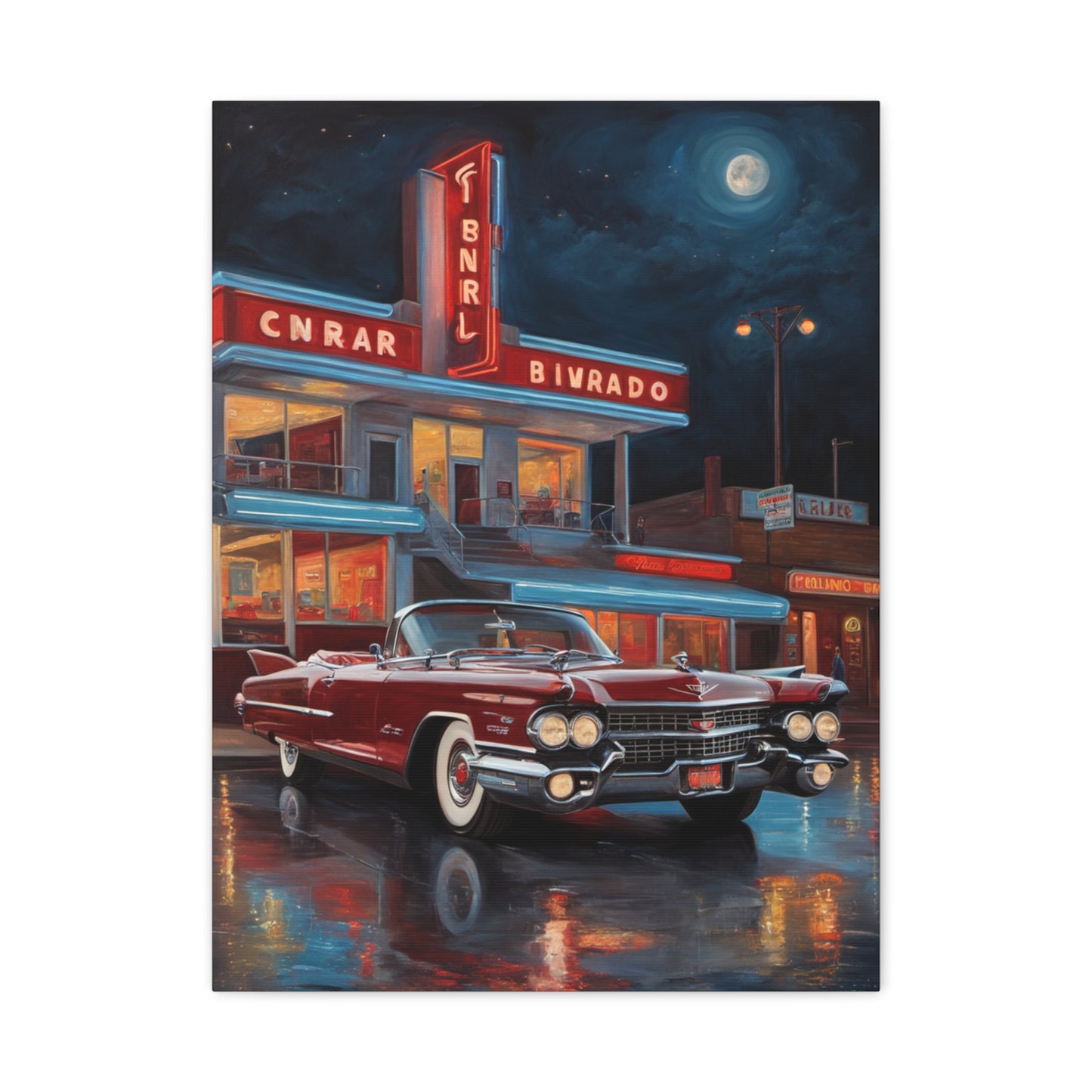 Vintage Car Matte Canvas Art featuring a Classic Cadillac Under a Moonlit Sky
