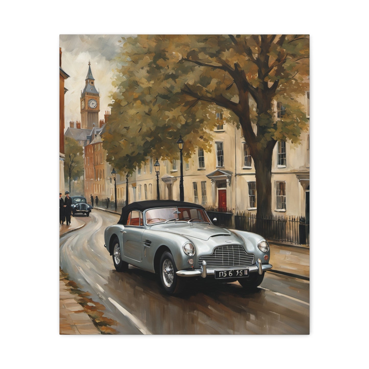 Vintage Car Matte Canvas featuring a classic car driving on a scenic street in autumn