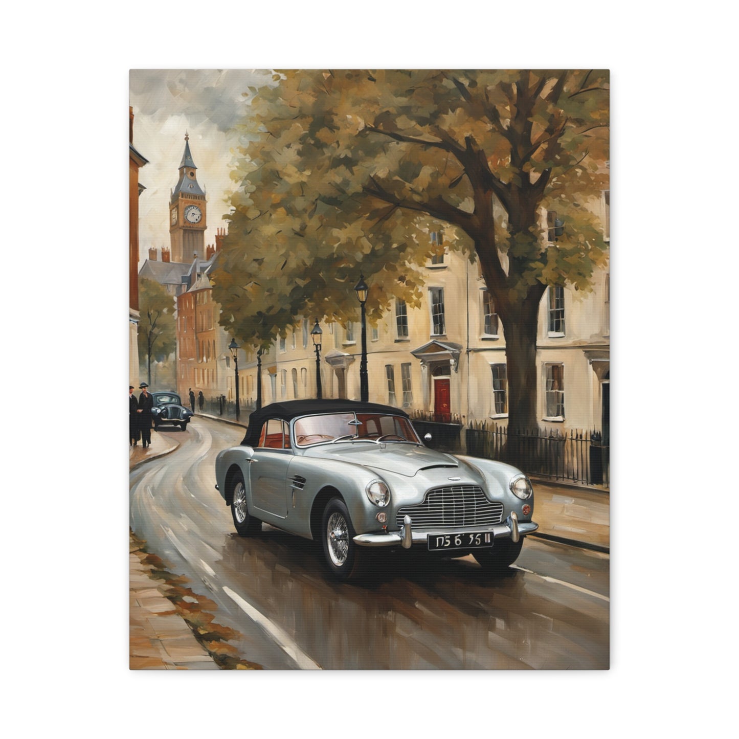 Vintage Car Matte Canvas featuring a classic silver car driving along a scenic street