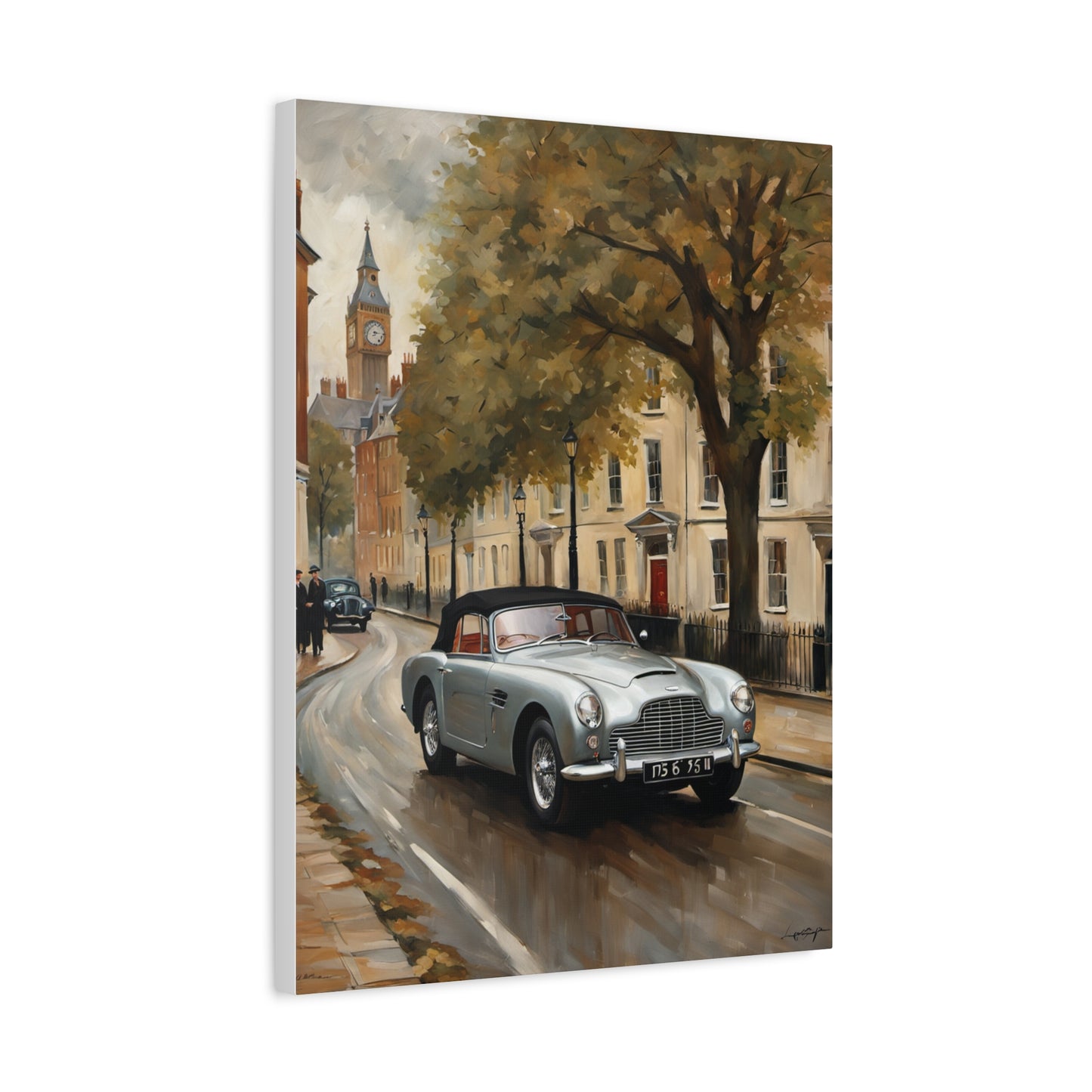 Vintage Car Matte Canvas featuring a classic car driving down a picturesque street in a historic setting