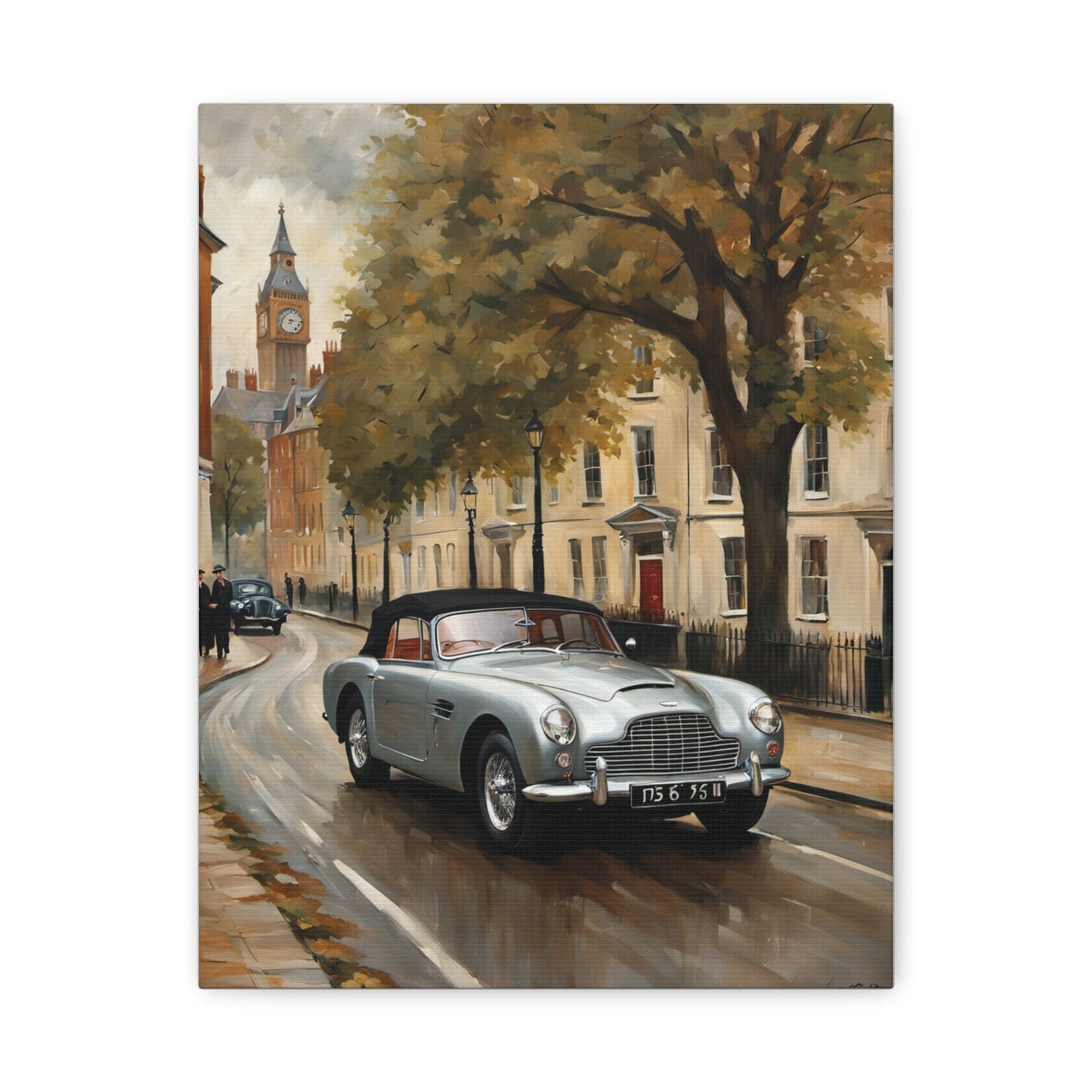 Vintage Car Matte Canvas featuring a classic silver sports car driving down a picturesque street
