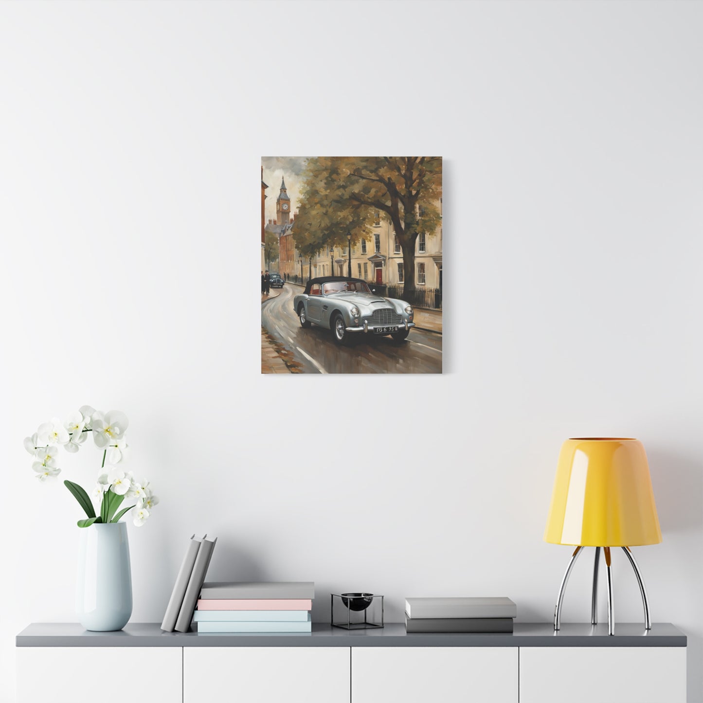 Vintage Car Matte Canvas Artwork Featuring Classic Car on an Autumn Street Scene