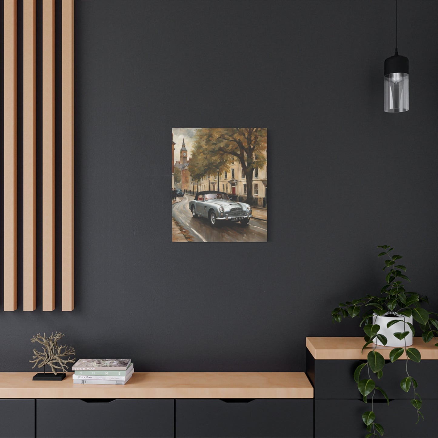 Vintage Car Matte Canvas artwork displayed on a stylish black wall with modern decor