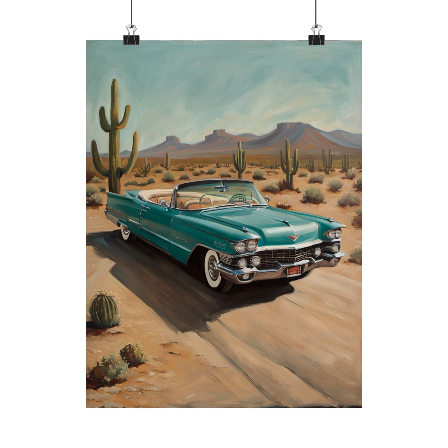 Nostalgic Car Matte Vertical Posters featuring a classic turquoise car in a desert landscape