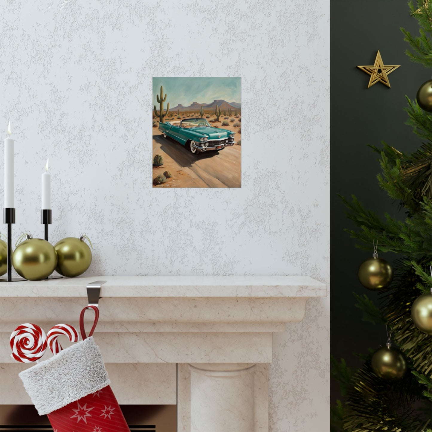 Vintage Car Matte Vertical Posters featuring a classic car on a desert road with cacti