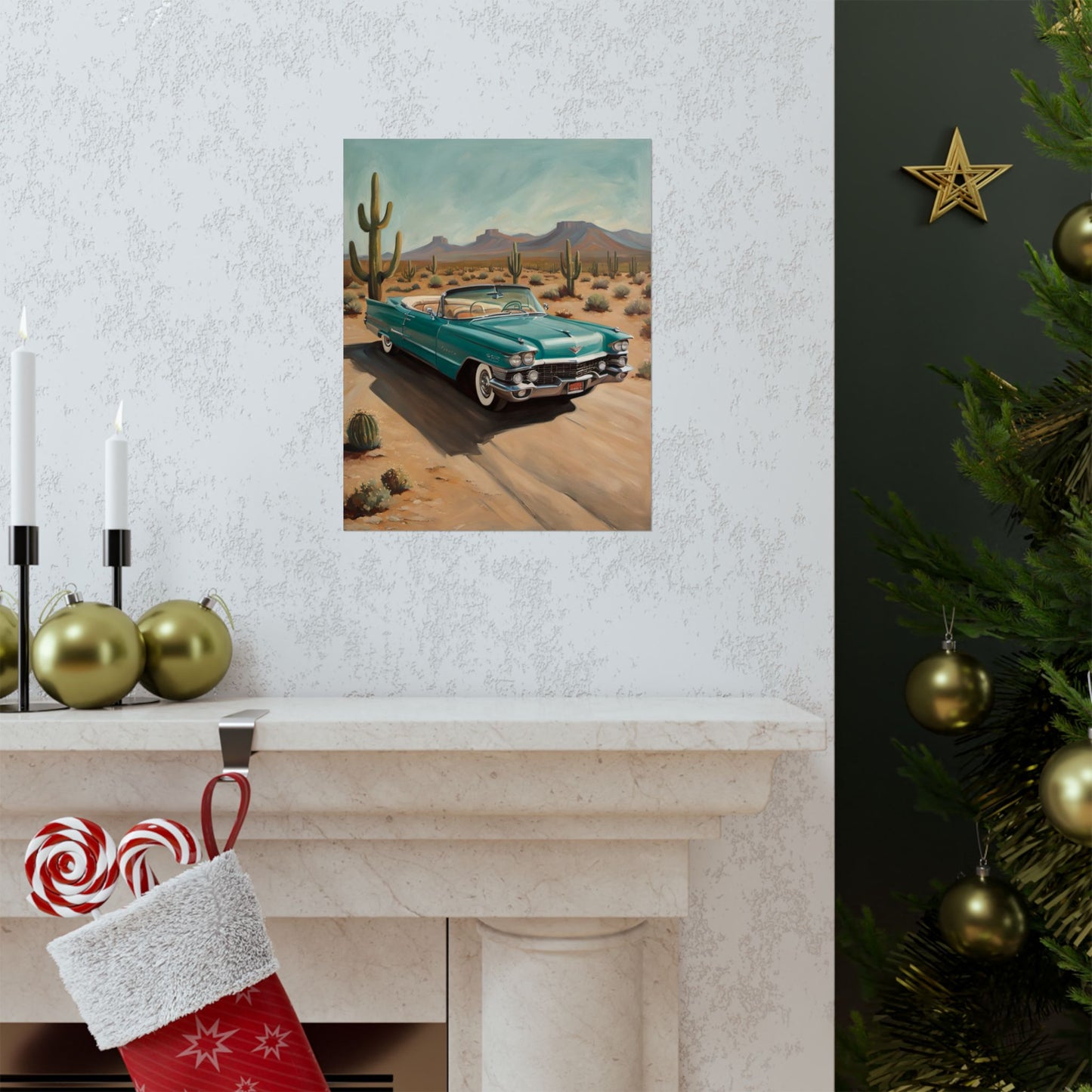 Vintage Car Matte Vertical Posters featuring a classic teal car driving on a desert road