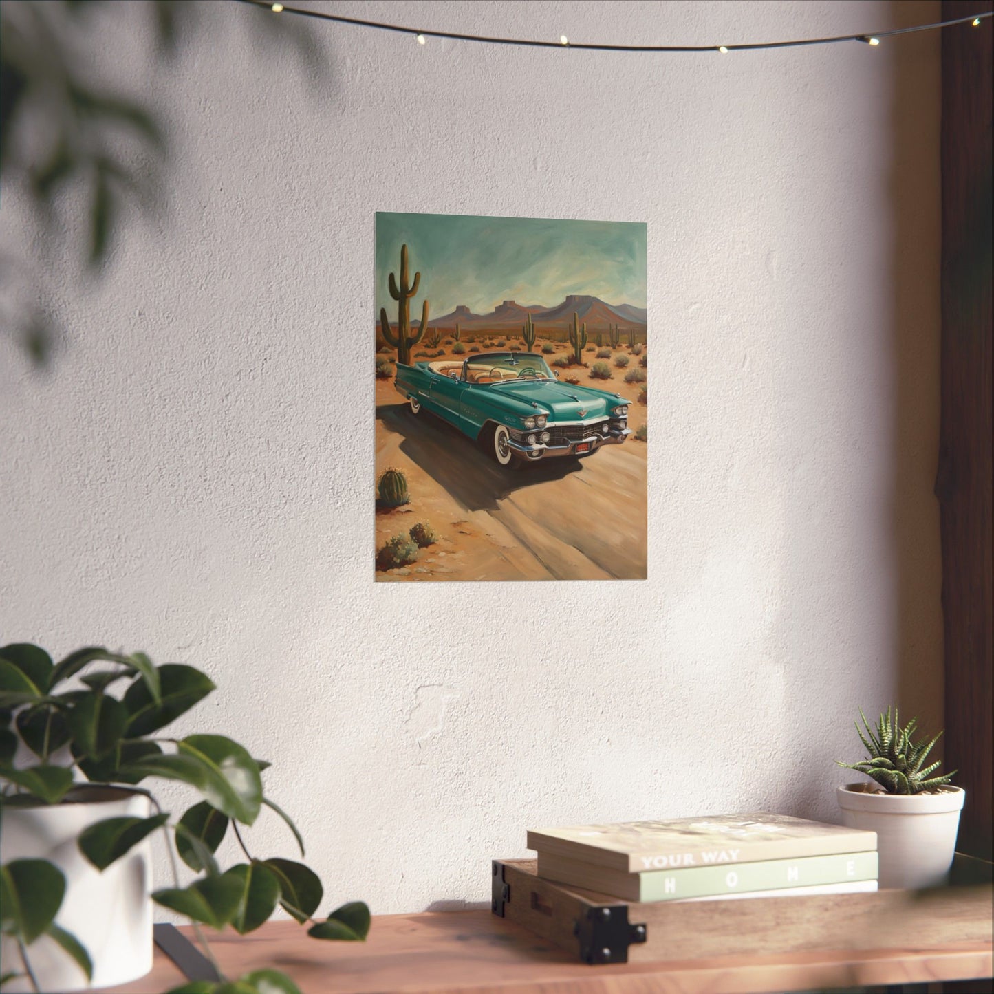 Vintage Car Matte Vertical Poster featuring a classic car in a desert landscape