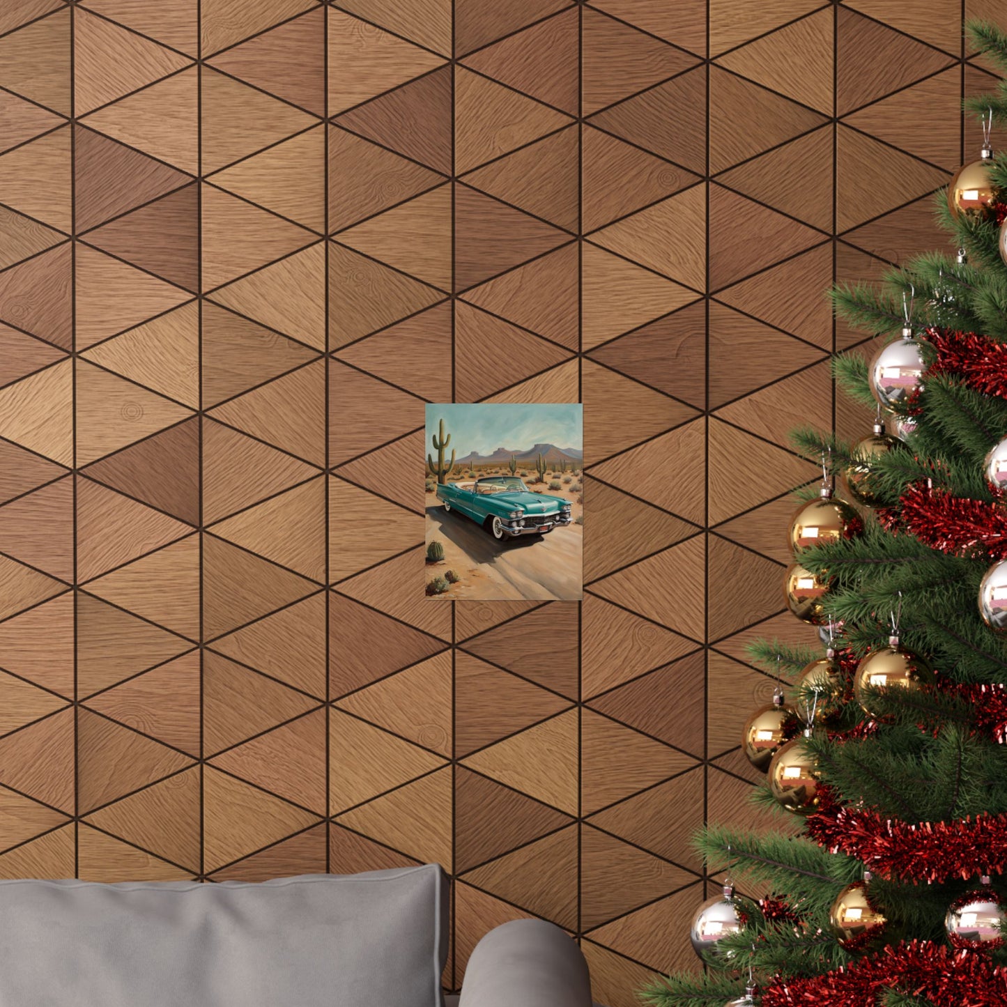 Vintage Car Matte Vertical Posters displayed on a patterned wall with holiday decorations nearby