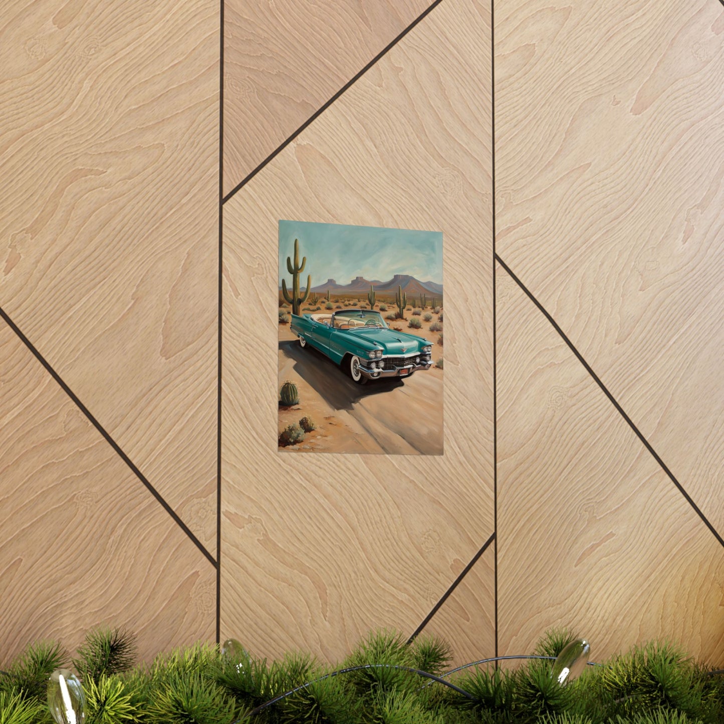 Old Car Matte Vertical Posters featuring a classic car on a desert road with cacti