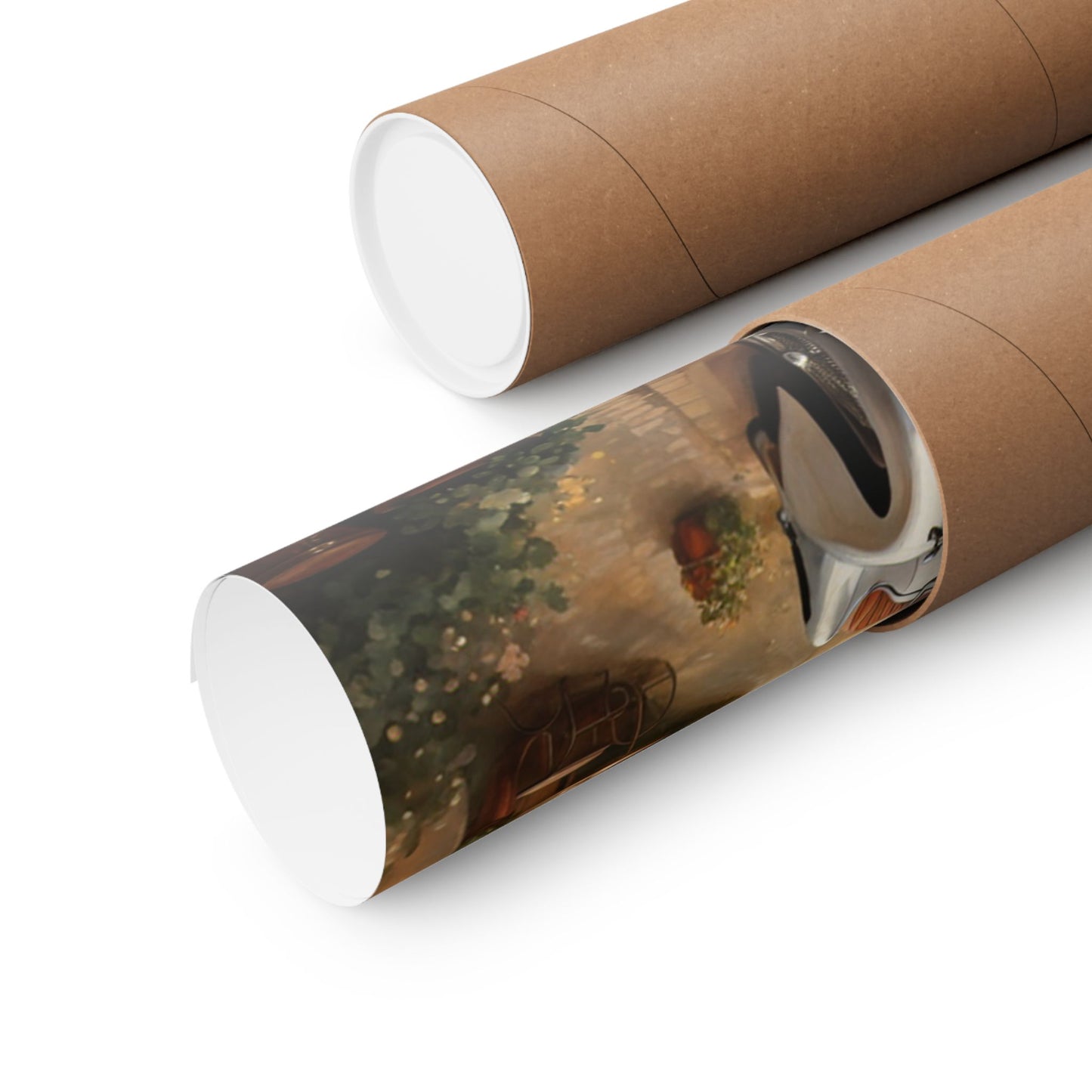 Vintage car poster wall art rolled inside a brown shipping tube ready for display