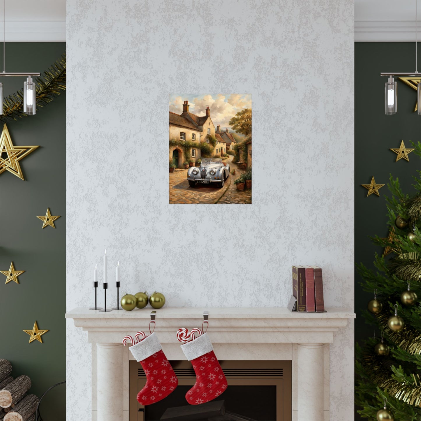 Vintage car poster wall art displayed above a fireplace in a cozy room with festive decor