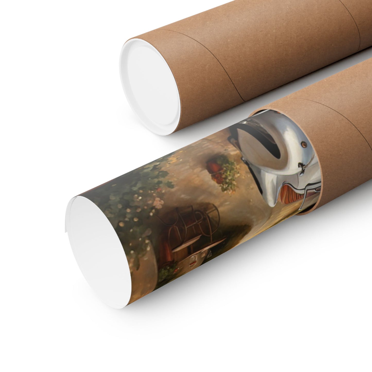 Vintage car poster wall art rolled up in a protective tube for easy shipping and storage