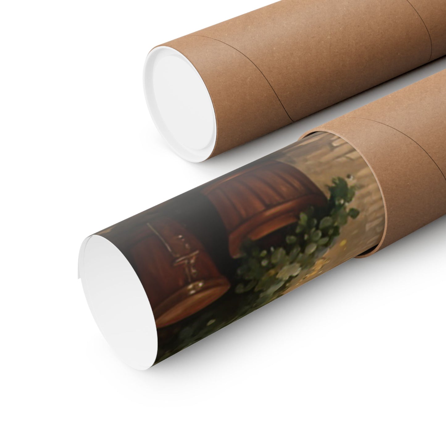 Vintage car poster wall art rolled up in a protective tube for easy transport and storage